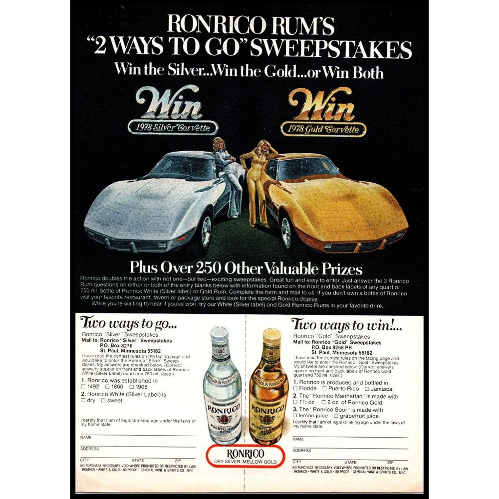 1978 RonRico Puerto Rican Rum Vintage Print Ad Corvette Sweepstakes Wall Art